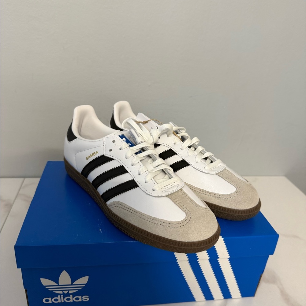 Adidas Samba White, Black, and Tan Sneakers